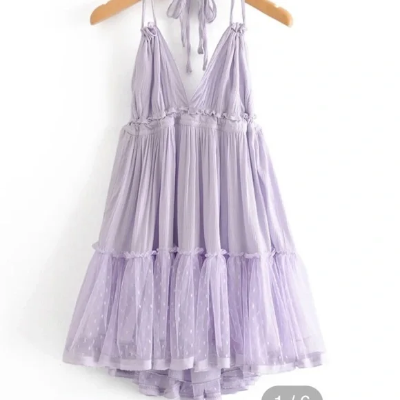 Backless Halter Mesh Flowy Mini Dress | Color: Purple | Size: S | Pm-70882795's Closet